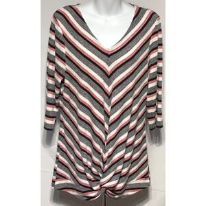 Christopher Banks Tunic Sweater L Red Blk Stripe V-neck 3/4 Sleeve Boho Hippie